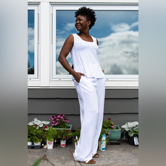 🇨🇦 Blue Sky Ginny Tank White Sleeveless Linen/Bamboo Scoop Neck Top Sz S EUC - Picture 4 of 10